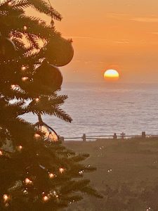 Family Christmas tree in front of window as sun sets in the sea ranch over the ocean