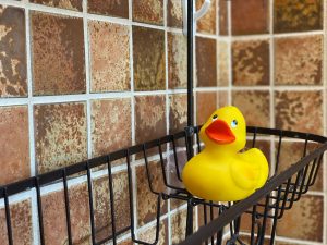 Yellow rubber ducky in a shower tray located in guest bathroom